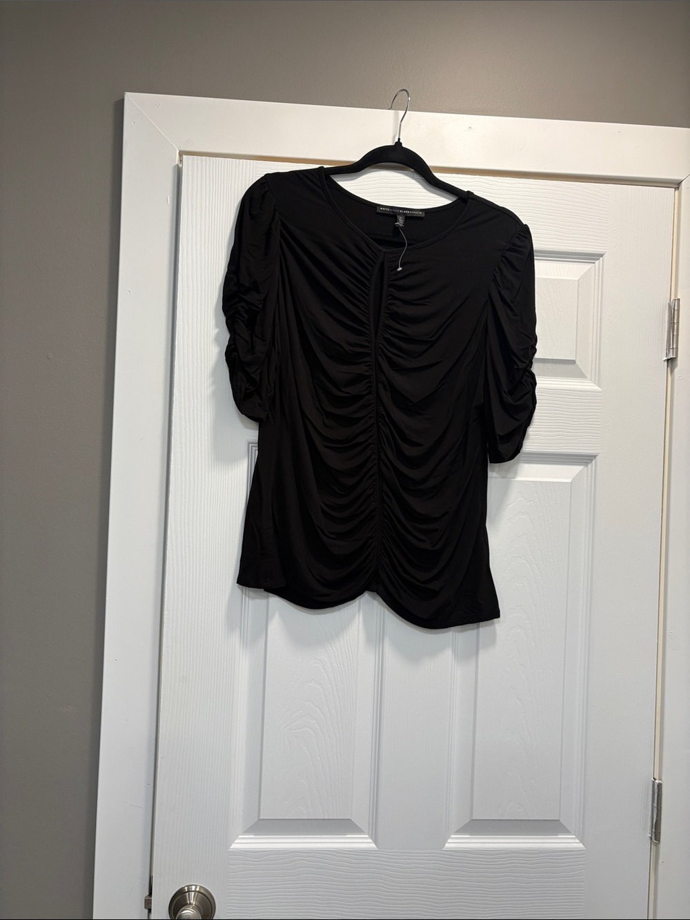 White House Black Market Black Gathered Front Puff Sleeve Tee